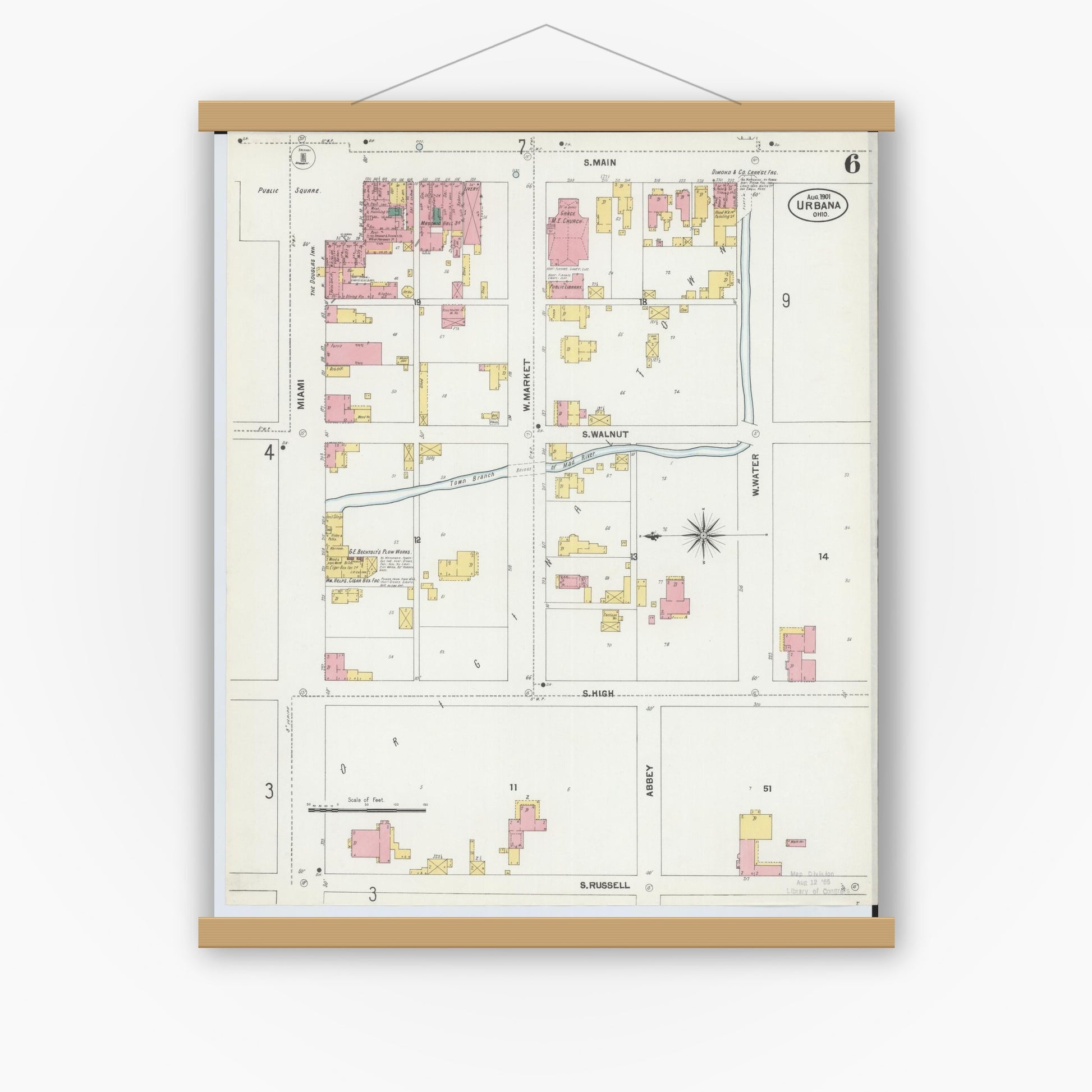 Old map wall art mockup — magnetic wood frame on white wall — Sanborn Fire Insurance Map from Urbana, Champaign County, Ohio (1901), Sheet #0006