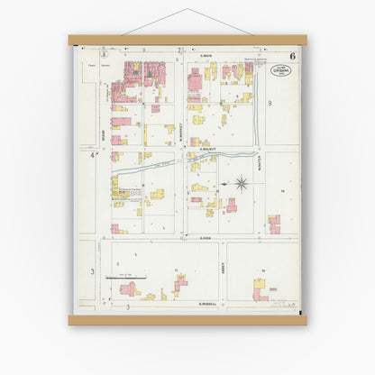 Old map wall art mockup — magnetic wood frame on white wall — Sanborn Fire Insurance Map from Urbana, Champaign County, Ohio (1901), Sheet #0006