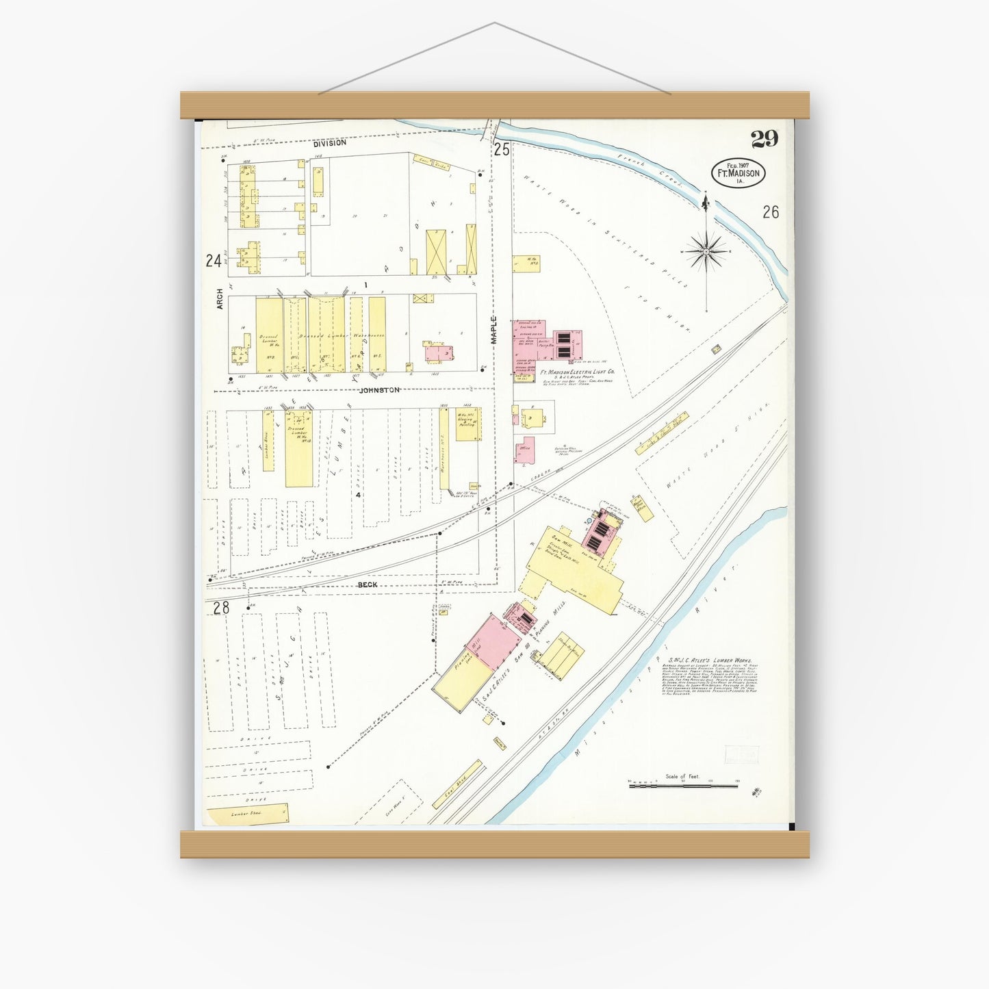 Old map wall art mockup — magnetic wood frame on white wall — Sanborn Fire Insurance Map from Fort Madison, Lee County, Iowa (1907), Sheet #0029