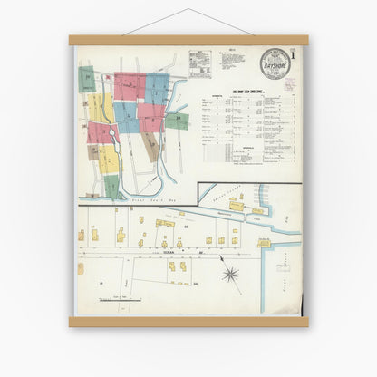 Old map wall art mockup — magnetic wood frame on white wall — Sanborn Fire Insurance Map from Bay Shore, Suffolk County, New York (1902), Sheet #0001