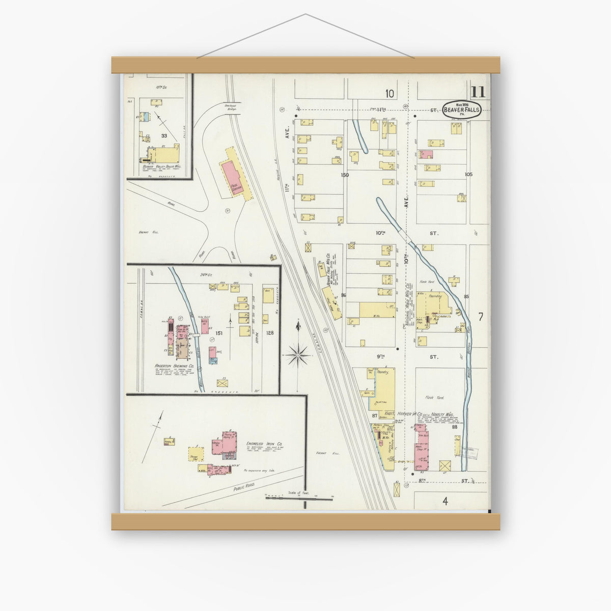 Old map wall art mockup — magnetic wood frame on white wall — Sanborn Fire Insurance Map from Beaver Falls, Beaver County, Pennsylvania (1896), Sheet #0011