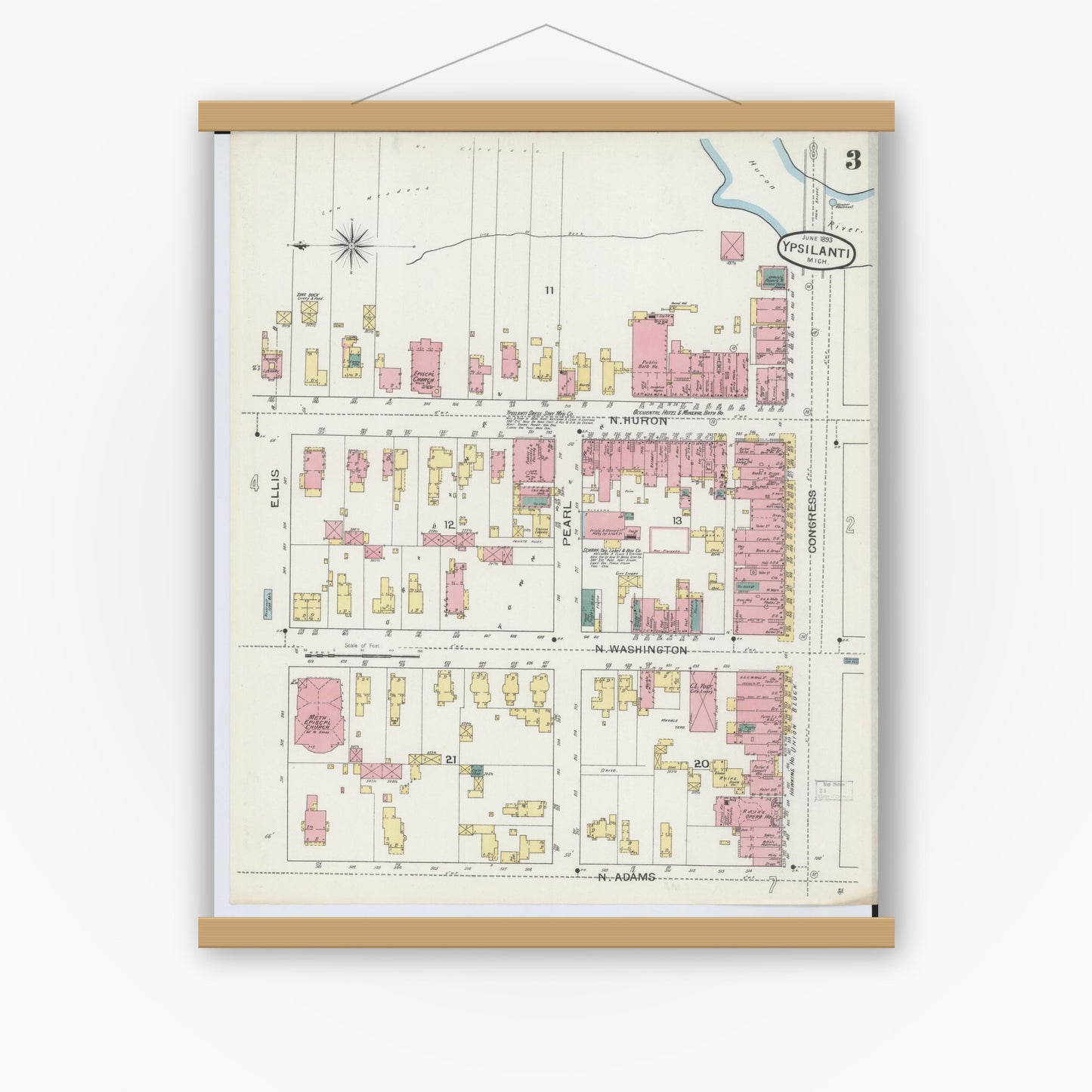 Old map wall art mockup — magnetic wood frame on white wall — Sanborn Fire Insurance Map from Ypsilanti, Washtenaw County, Michigan (1893), Sheet #0003