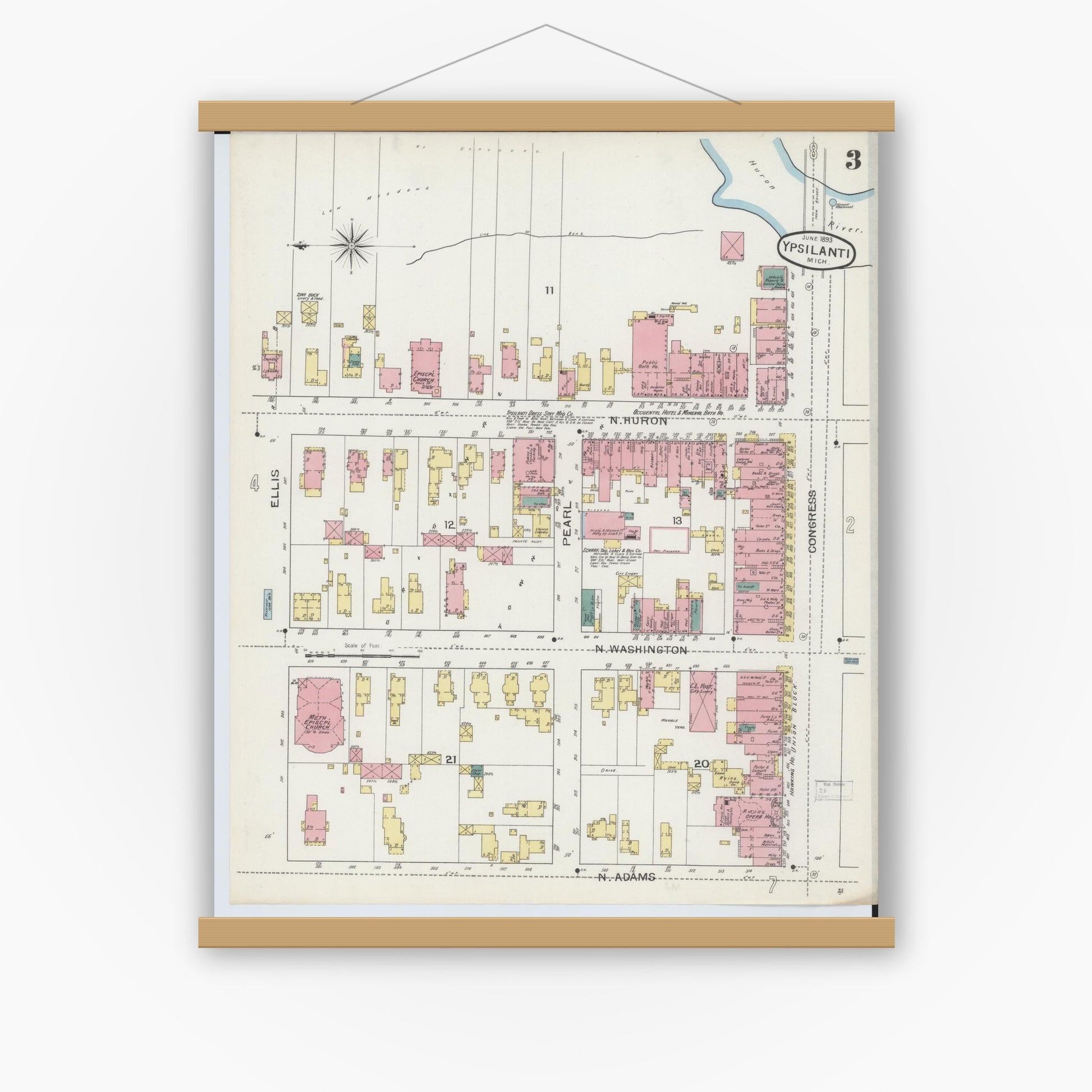 Old map wall art mockup — magnetic wood frame on white wall — Sanborn Fire Insurance Map from Ypsilanti, Washtenaw County, Michigan (1893), Sheet #0003