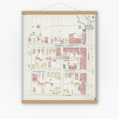 Old map wall art mockup — magnetic wood frame on white wall — Sanborn Fire Insurance Map from Ypsilanti, Washtenaw County, Michigan (1893), Sheet #0003