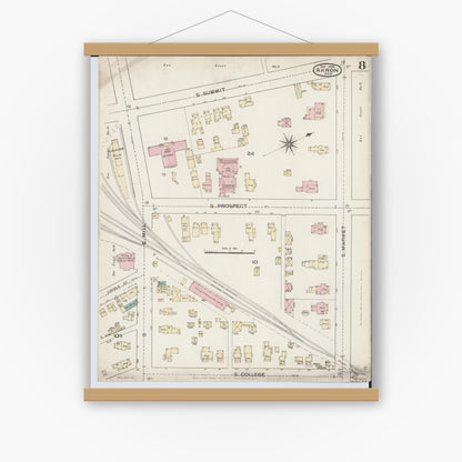 Old map wall art mockup — magnetic wood frame on white wall — Sanborn Fire Insurance Map from Akron, Summit County, Ohio (1886), Sheet #0008