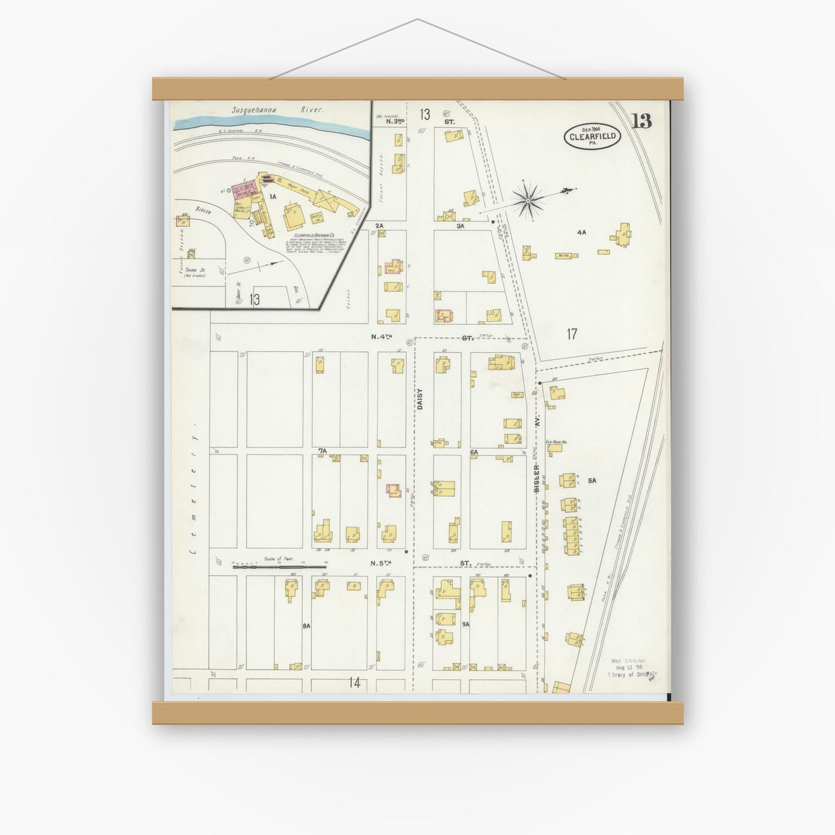 Old map wall art mockup — magnetic wood frame on white wall — Sanborn Fire Insurance Map from Clearfield, Clearfield County, Pennsylvania (1904), Sheet #0013