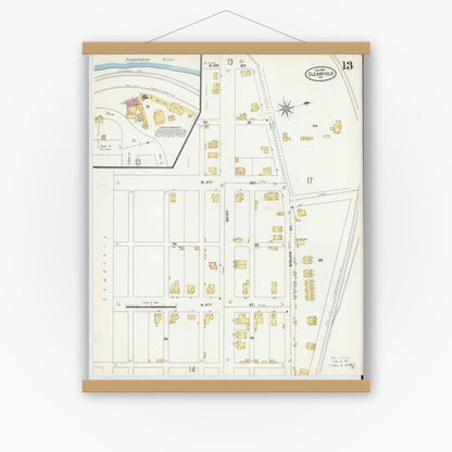 Old map wall art mockup — magnetic wood frame on white wall — Sanborn Fire Insurance Map from Clearfield, Clearfield County, Pennsylvania (1904), Sheet #0013