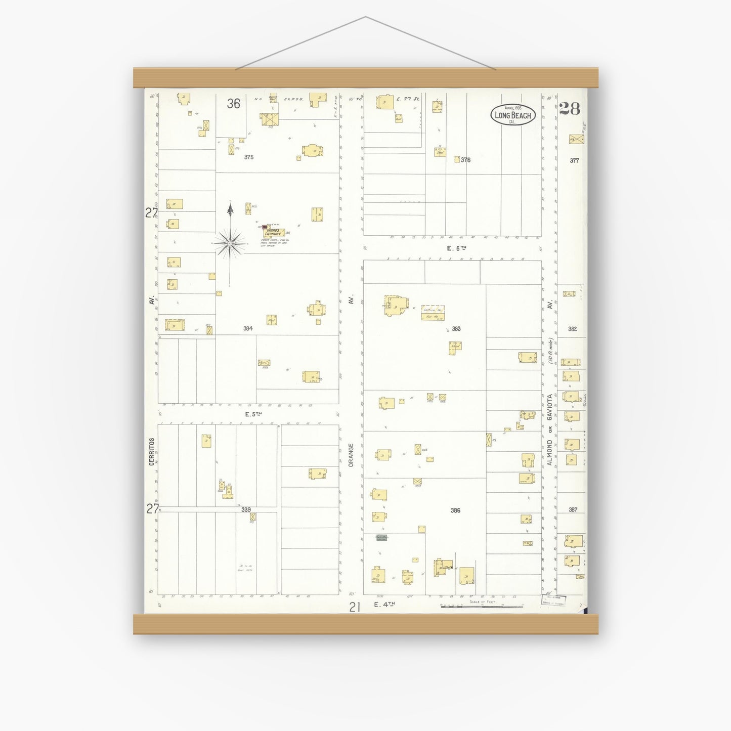 Old map wall art mockup — magnetic wood frame on white wall — Sanborn Fire Insurance Map from Long Beach, Los Angeles County, California (1905), Sheet #0028
