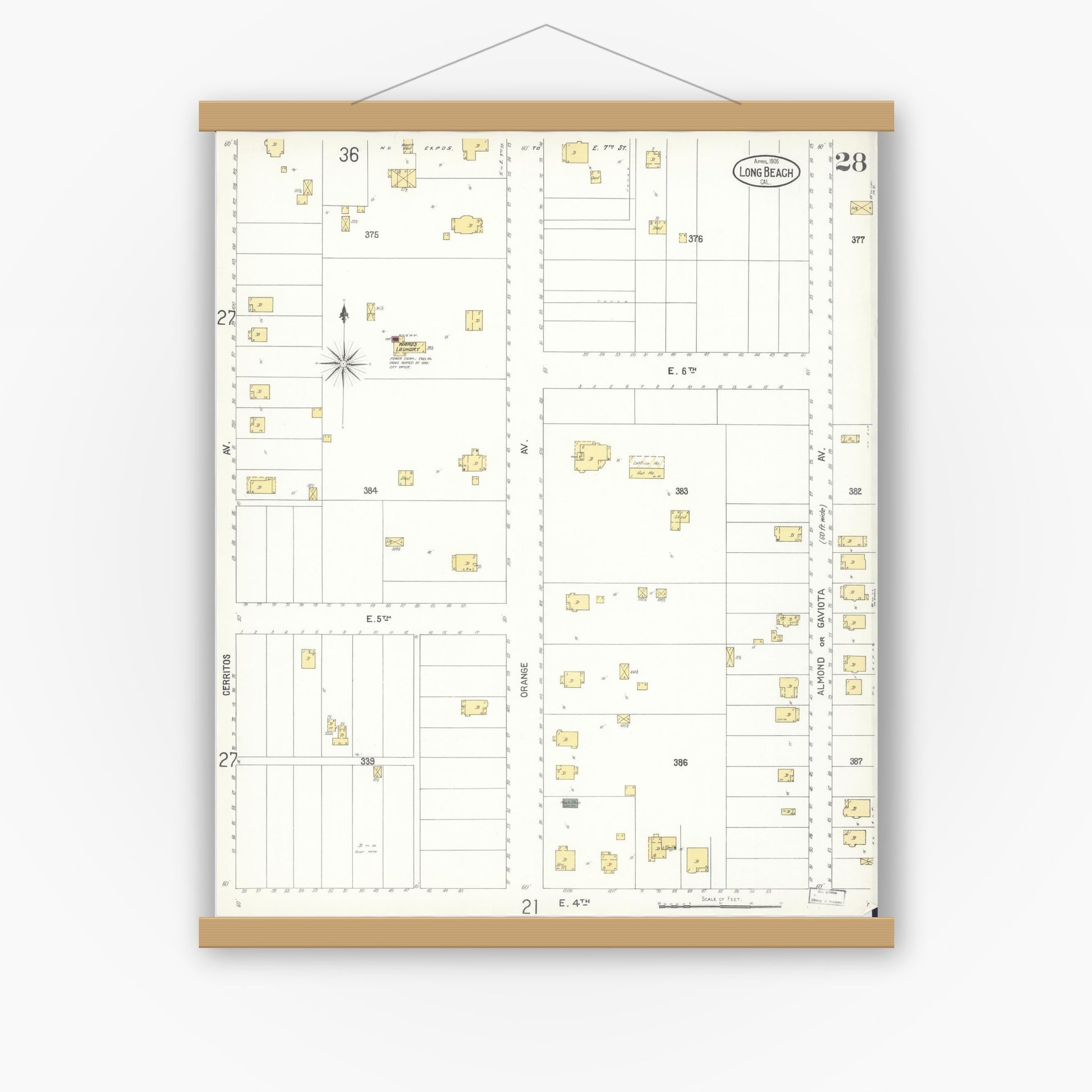 Old map wall art mockup — magnetic wood frame on white wall — Sanborn Fire Insurance Map from Long Beach, Los Angeles County, California (1905), Sheet #0028