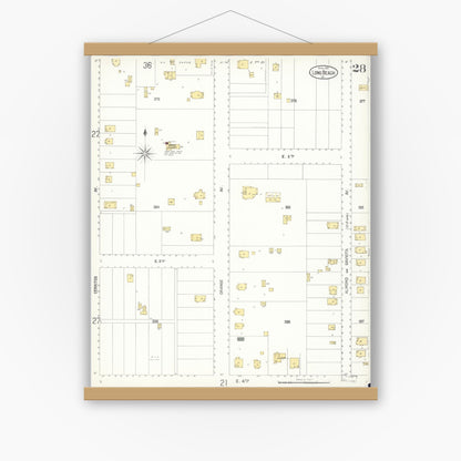 Old map wall art mockup — magnetic wood frame on white wall — Sanborn Fire Insurance Map from Long Beach, Los Angeles County, California (1905), Sheet #0028