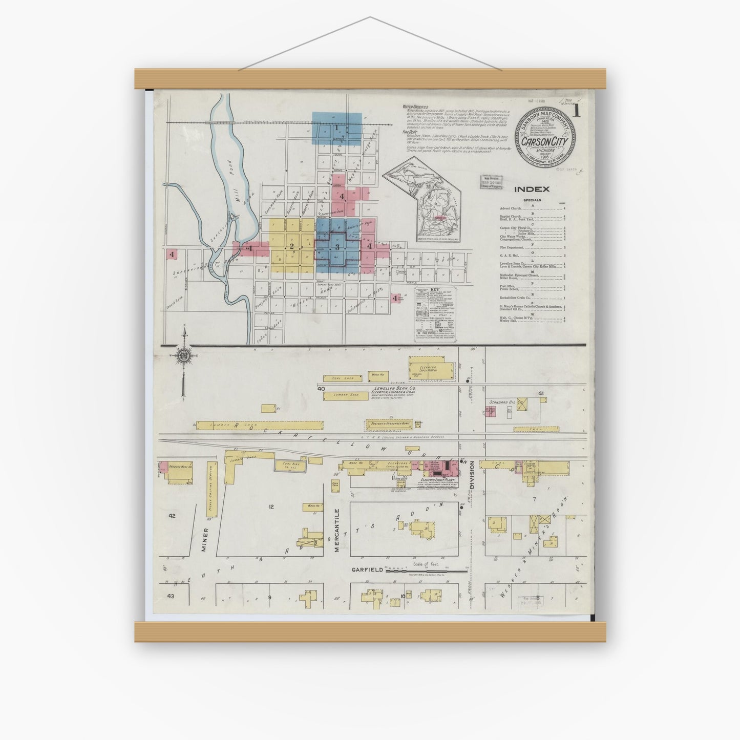 Old map wall art mockup — magnetic wood frame on white wall — Sanborn Fire Insurance Map from Carson City, Montcalm County, Michigan (1918) - Complete Map Set