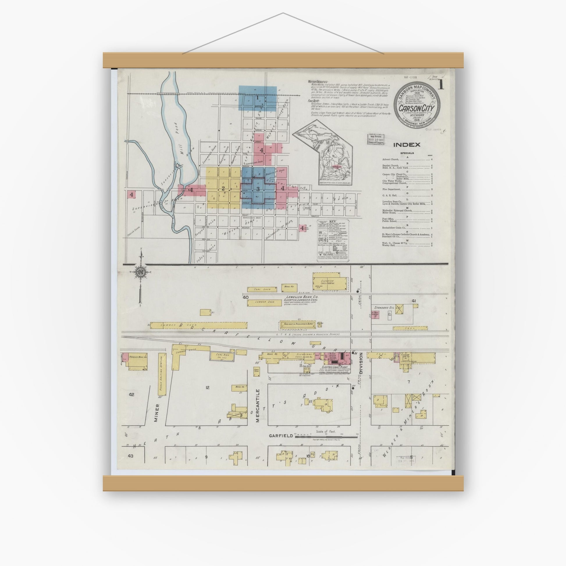 Old map wall art mockup — magnetic wood frame on white wall — Sanborn Fire Insurance Map from Carson City, Montcalm County, Michigan (1918) - Complete Map Set
