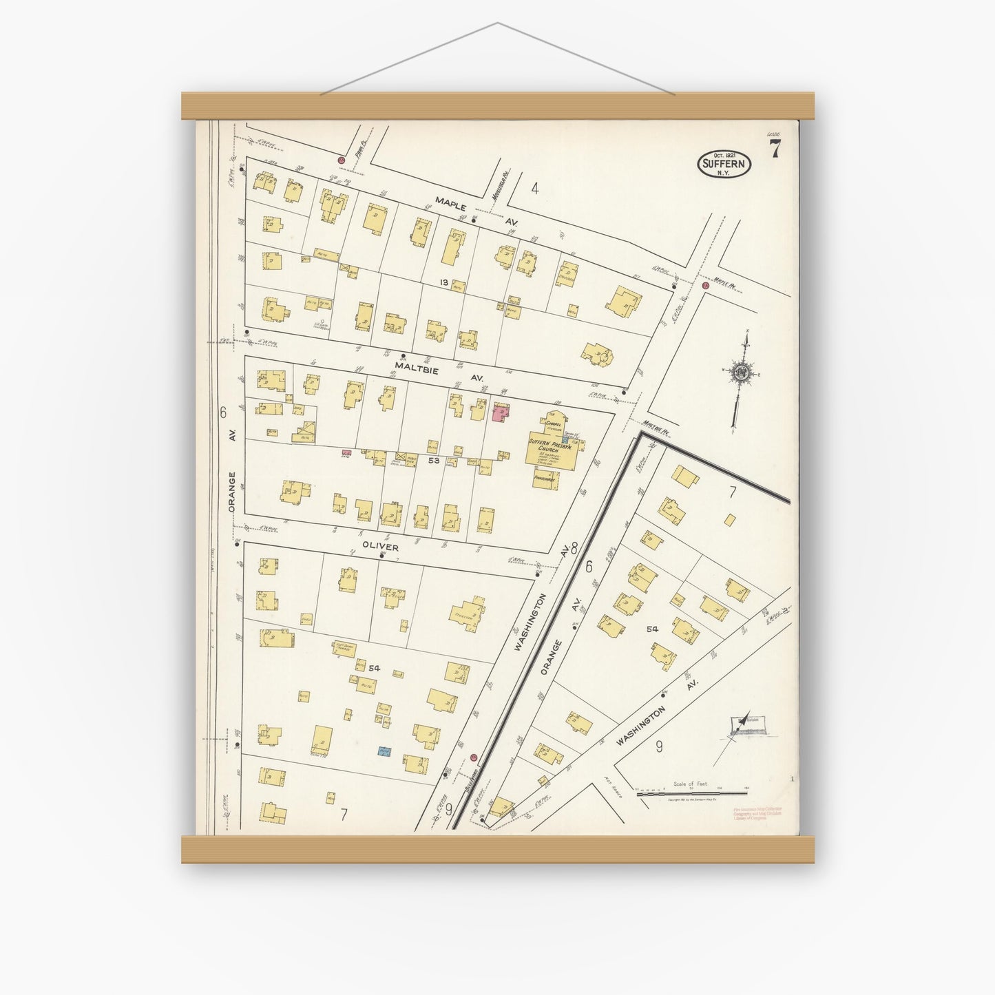 Old map wall art mockup — magnetic wood frame on white wall — Sanborn Fire Insurance Map from Suffern, Rockland County, New York (1921), Sheet #0007