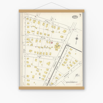 Old map wall art mockup — magnetic wood frame on white wall — Sanborn Fire Insurance Map from Suffern, Rockland County, New York (1921), Sheet #0007