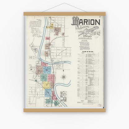 Old map wall art mockup — magnetic wood frame on white wall — Sanborn Fire Insurance Map from Marion, Grant County, Indiana (1890), Sheet #0001