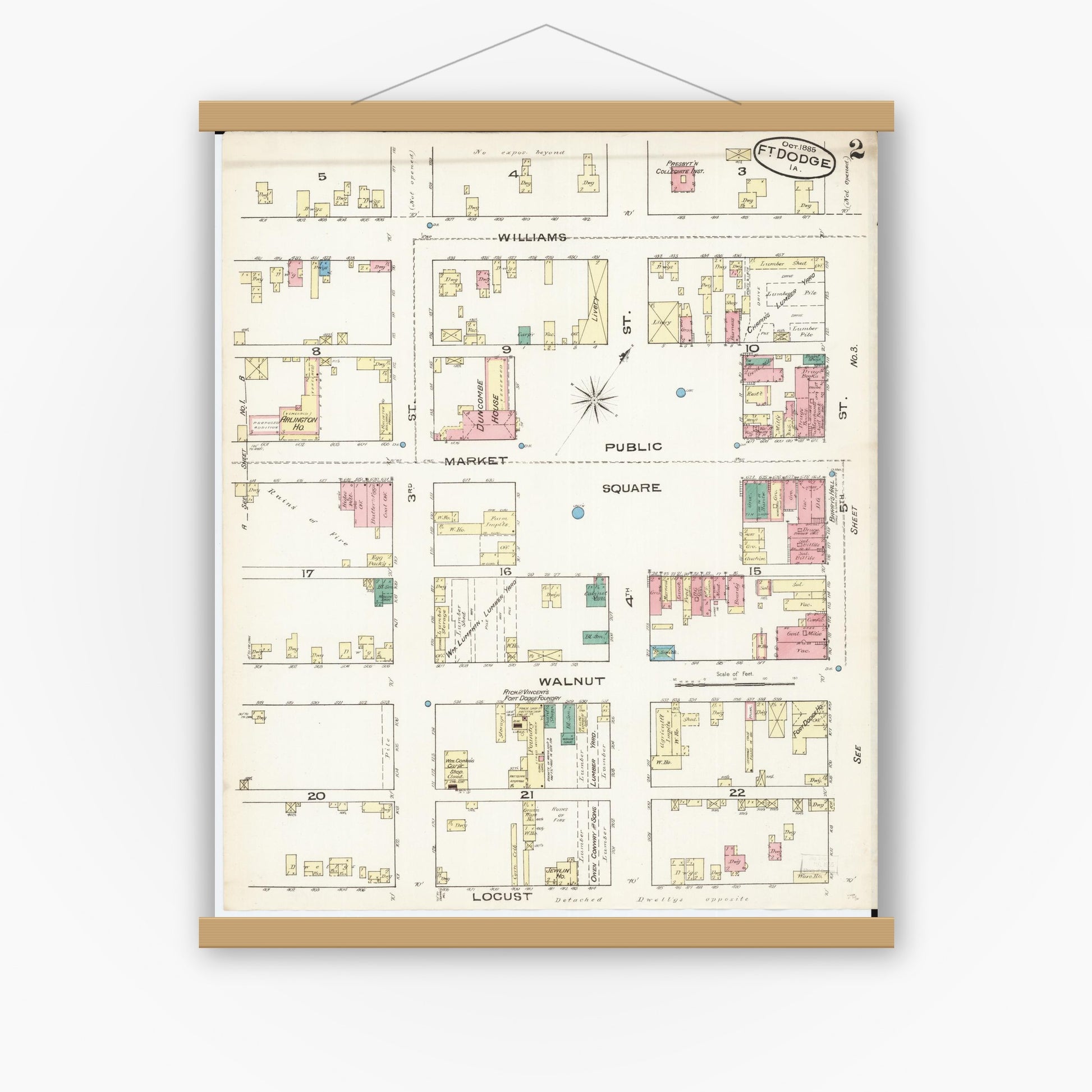Old map wall art mockup — magnetic wood frame on white wall — Sanborn Fire Insurance Map from Fort Dodge, Webster County, Iowa (1885), Sheet #0002