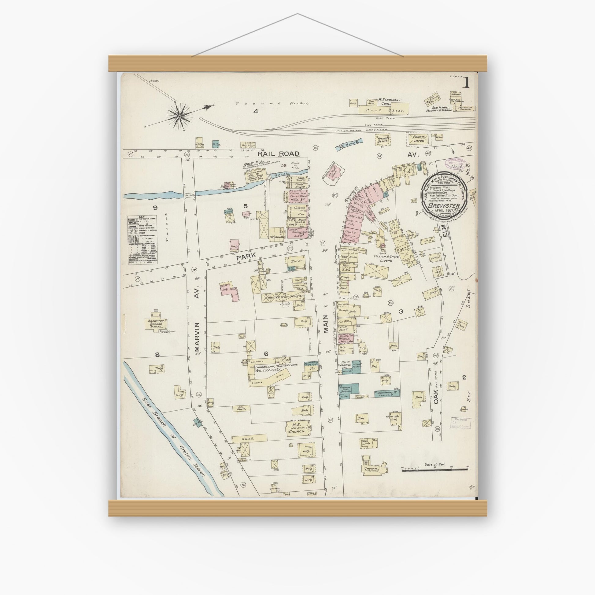 Old map wall art mockup — magnetic wood frame on white wall — Sanborn Fire Insurance Map from Brewster, Putnam County, New York (1887) - Complete Map Set