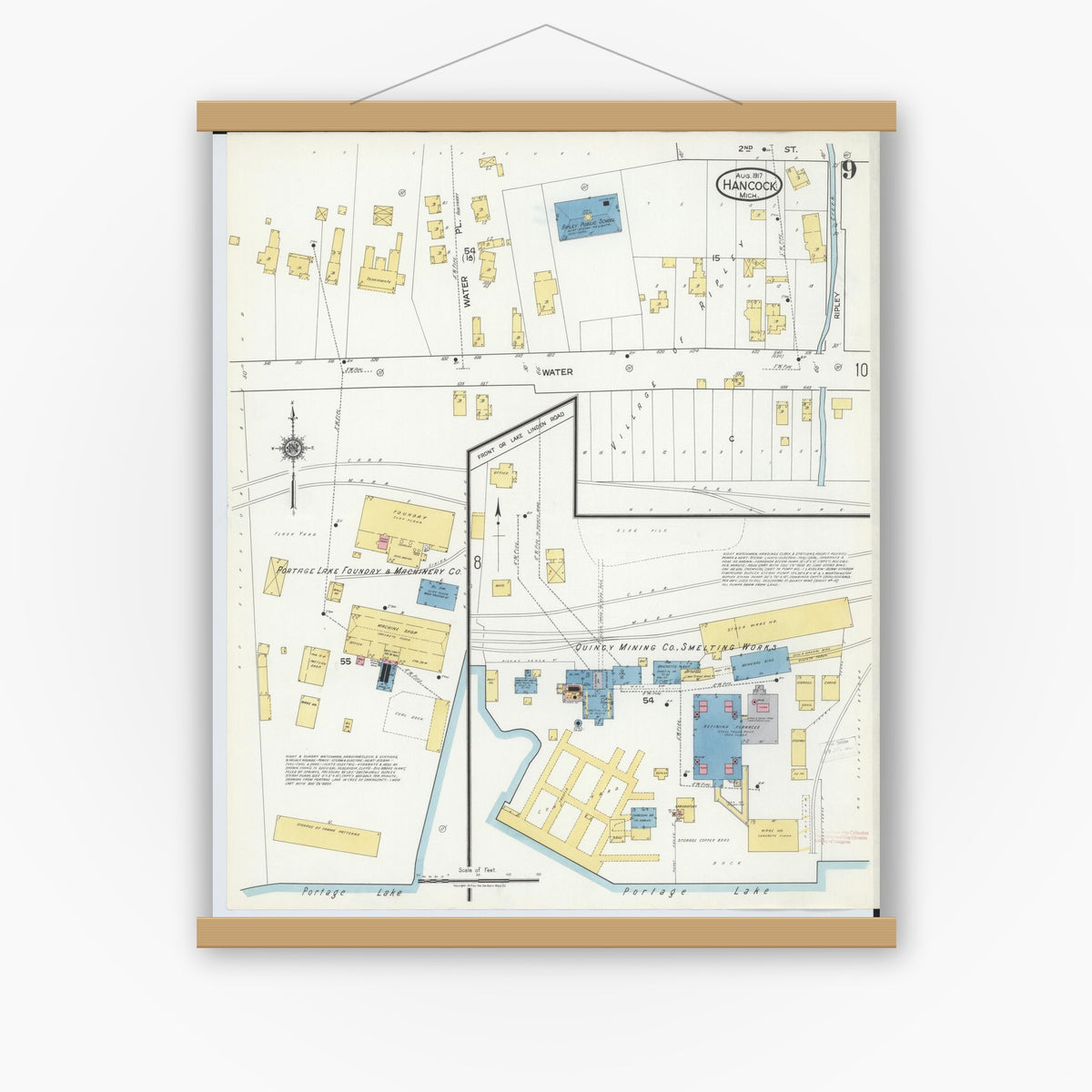 Old map wall art mockup — magnetic wood frame on white wall — Sanborn Fire Insurance Map from Hancock, Houghton County, Michigan (1917), Sheet #0009