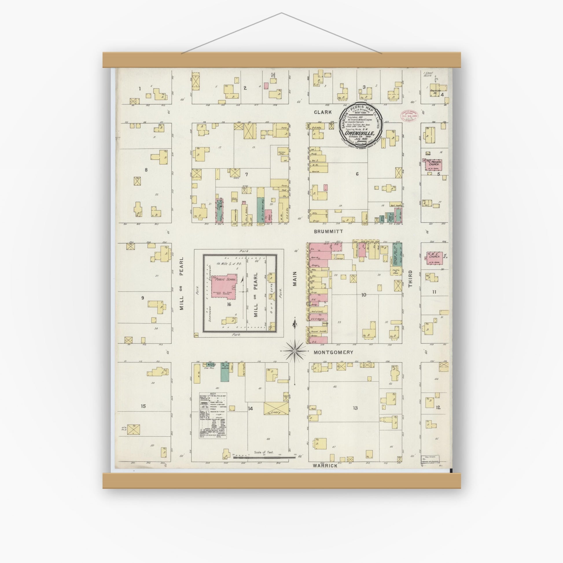 Old map wall art mockup — magnetic wood frame on white wall — Sanborn Fire Insurance Map from Owensville, Gibson County, Indiana (1895), Sheet #0001