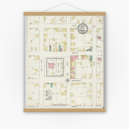 Old map wall art mockup — magnetic wood frame on white wall — Sanborn Fire Insurance Map from Owensville, Gibson County, Indiana (1895), Sheet #0001