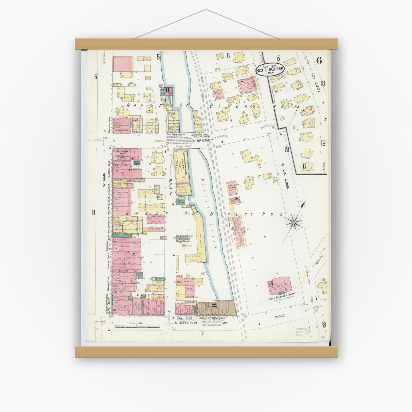 Old map wall art mockup — magnetic wood frame on white wall — Sanborn Fire Insurance Map from Battle Creek, Calhoun County, Michigan (1907), Sheet #0006