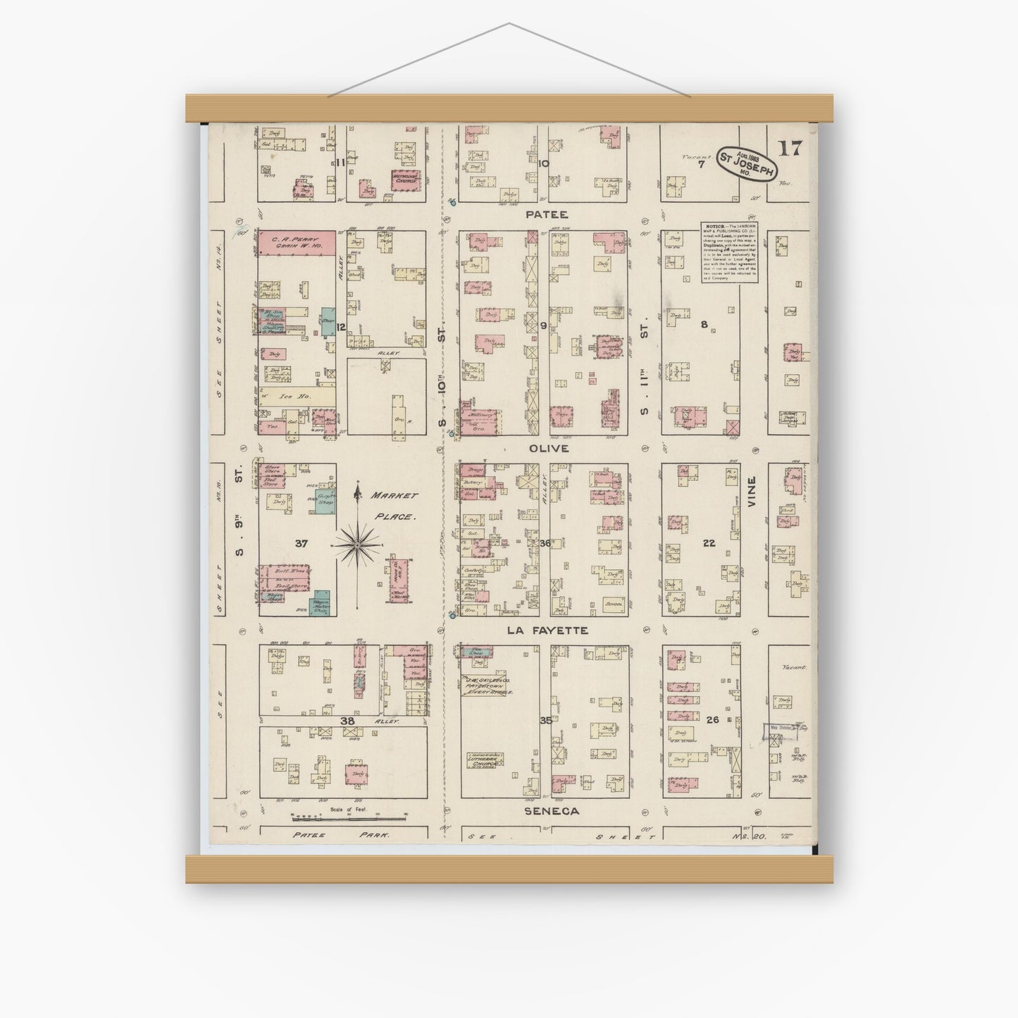Old map wall art mockup — magnetic wood frame on white wall — Sanborn Fire Insurance Map from Saint Joseph, Buchanan County, Missouri (1883), Sheet #0017