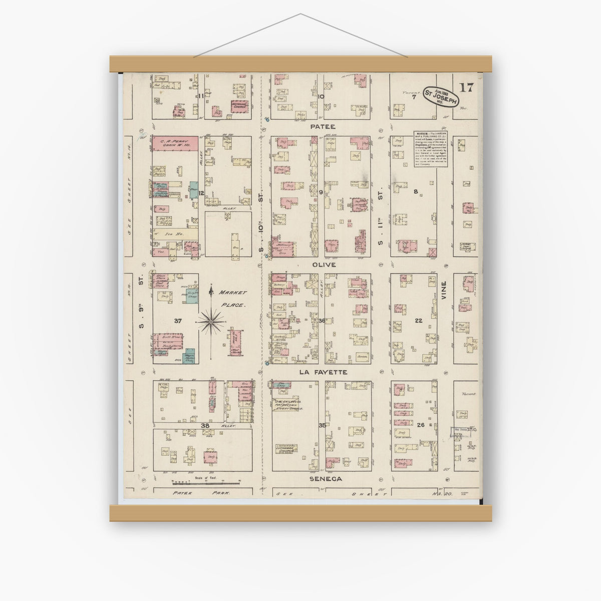 Old map wall art mockup — magnetic wood frame on white wall — Sanborn Fire Insurance Map from Saint Joseph, Buchanan County, Missouri (1883), Sheet #0017