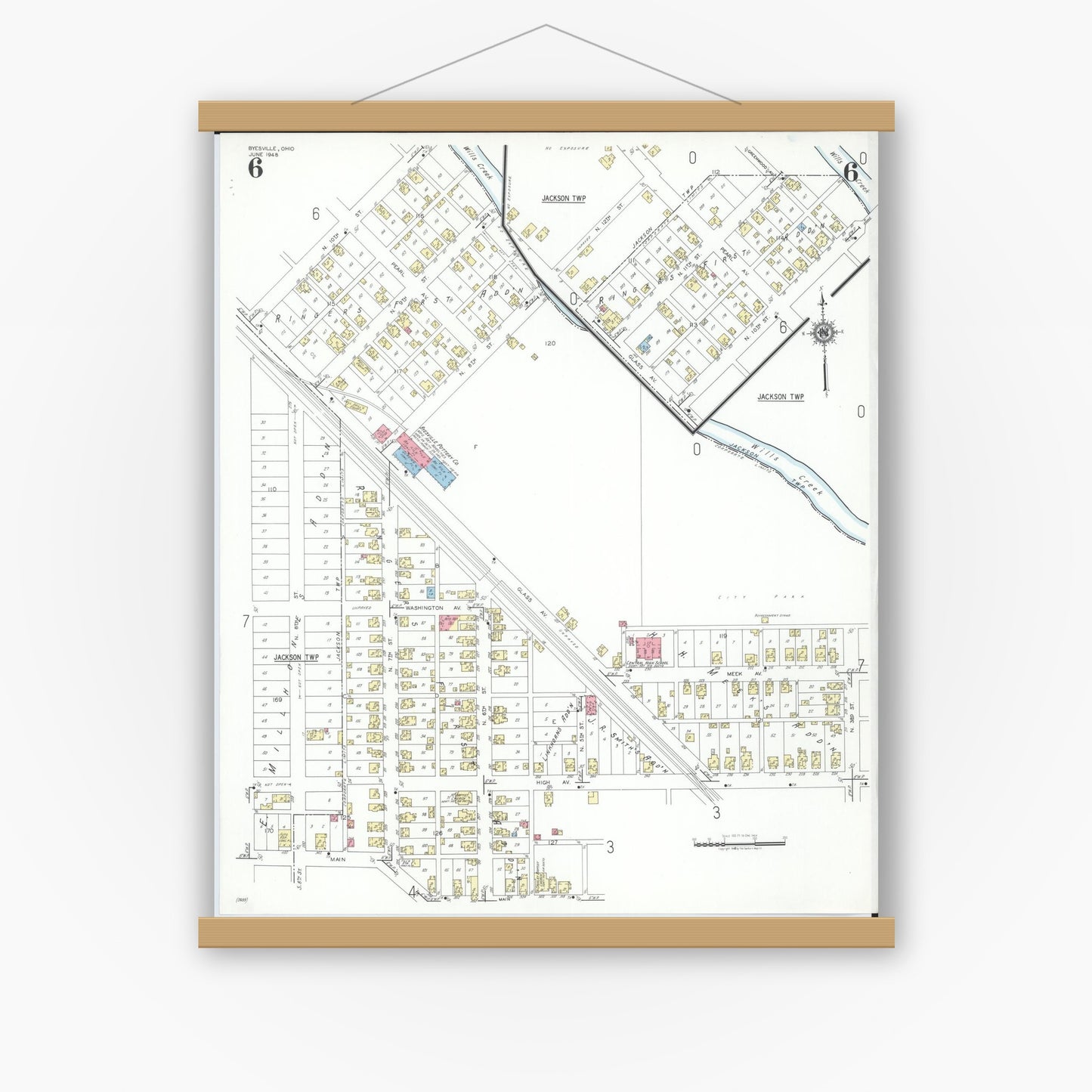 Old map wall art mockup — magnetic wood frame on white wall — Sanborn Fire Insurance Map from Byesville, Guernsey County, Ohio (1948), Sheet #0006
