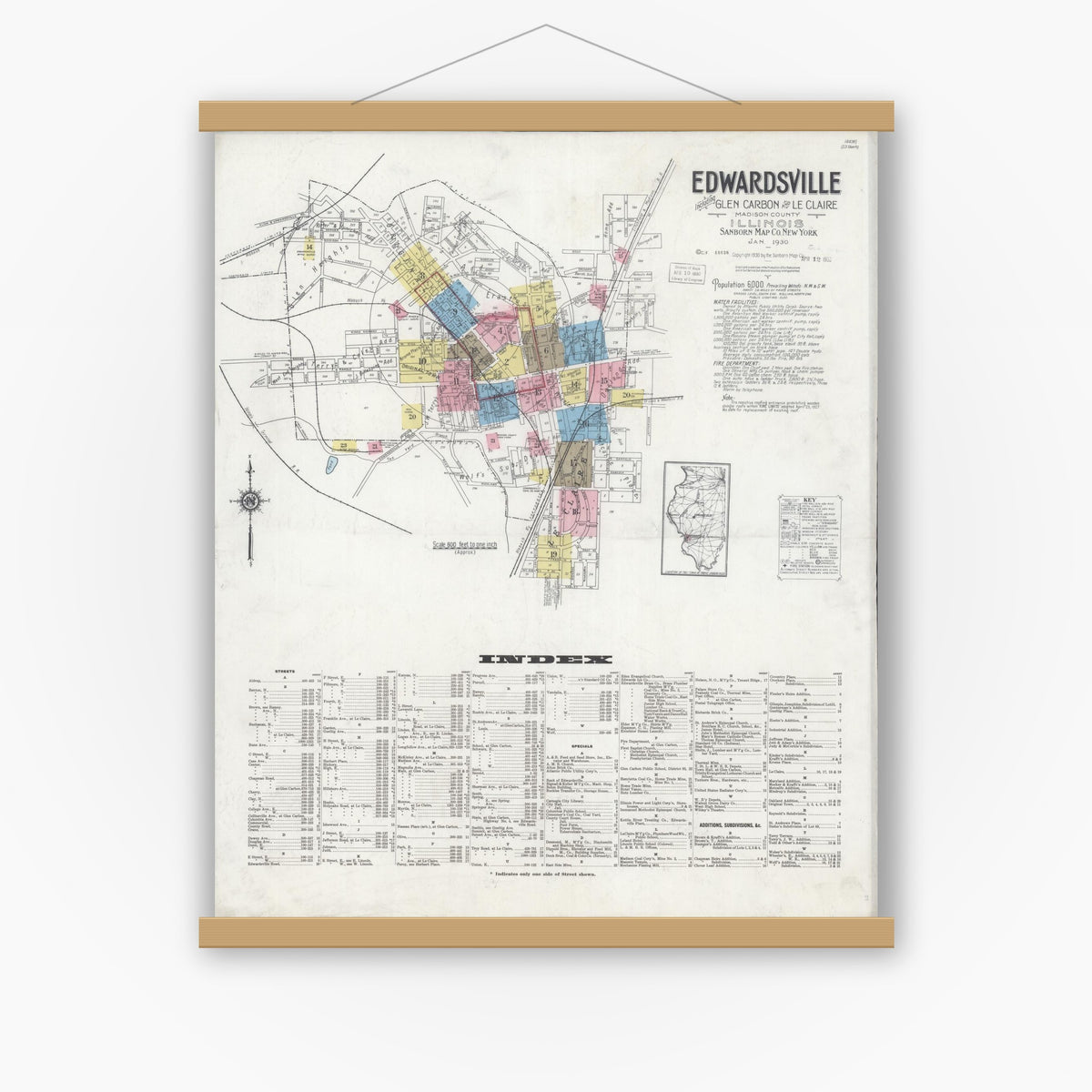 Old map wall art mockup — magnetic wood frame on white wall — Sanborn Fire Insurance Map from Edwardsville, Madison County, Illinois (1930), Sheet #0001