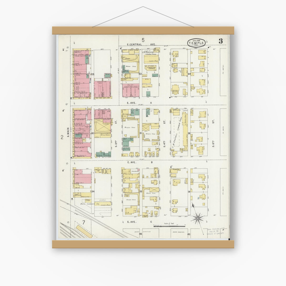 Old map wall art mockup — magnetic wood frame on white wall — Sanborn Fire Insurance Map from Temple, Bell County, Texas (1896), Sheet #0003