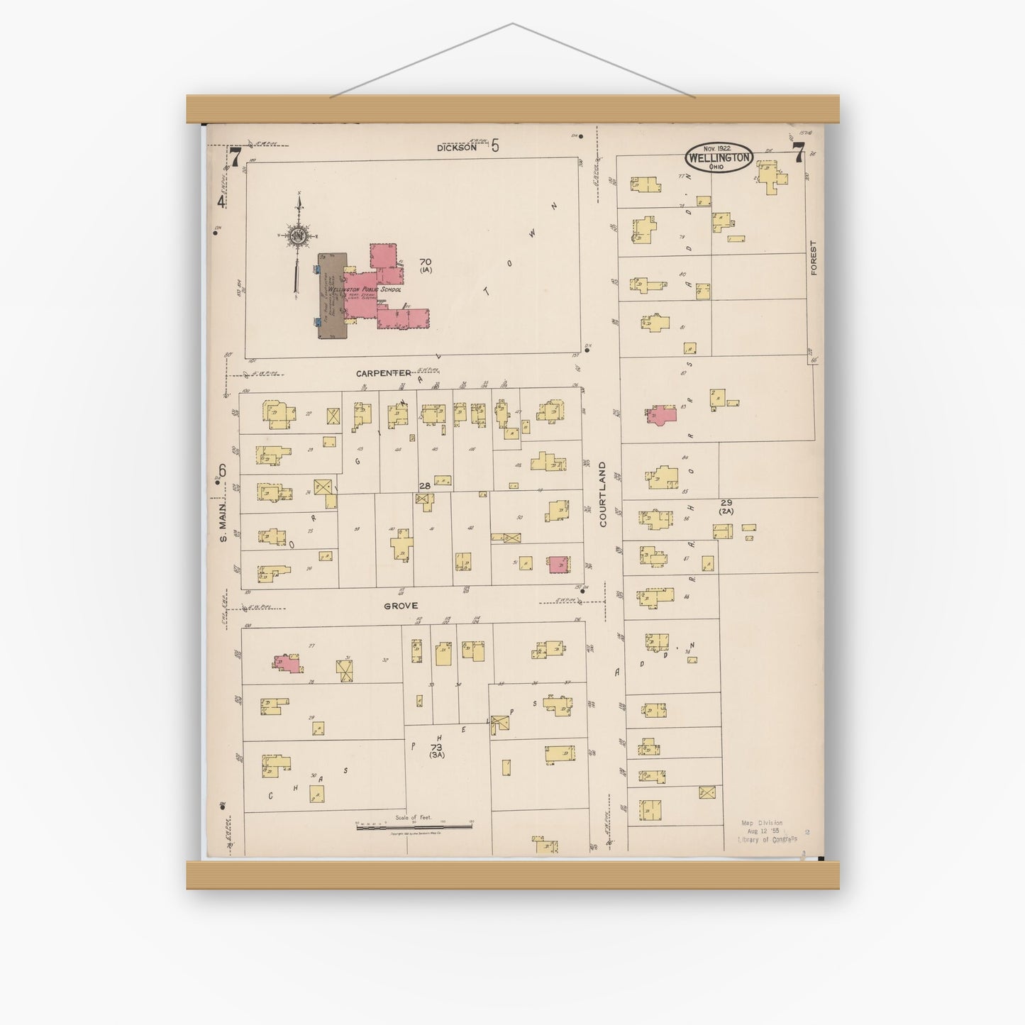Old map wall art mockup — magnetic wood frame on white wall — Sanborn Fire Insurance Map from Wellington, Lorain County, Ohio (1922), Sheet #0007