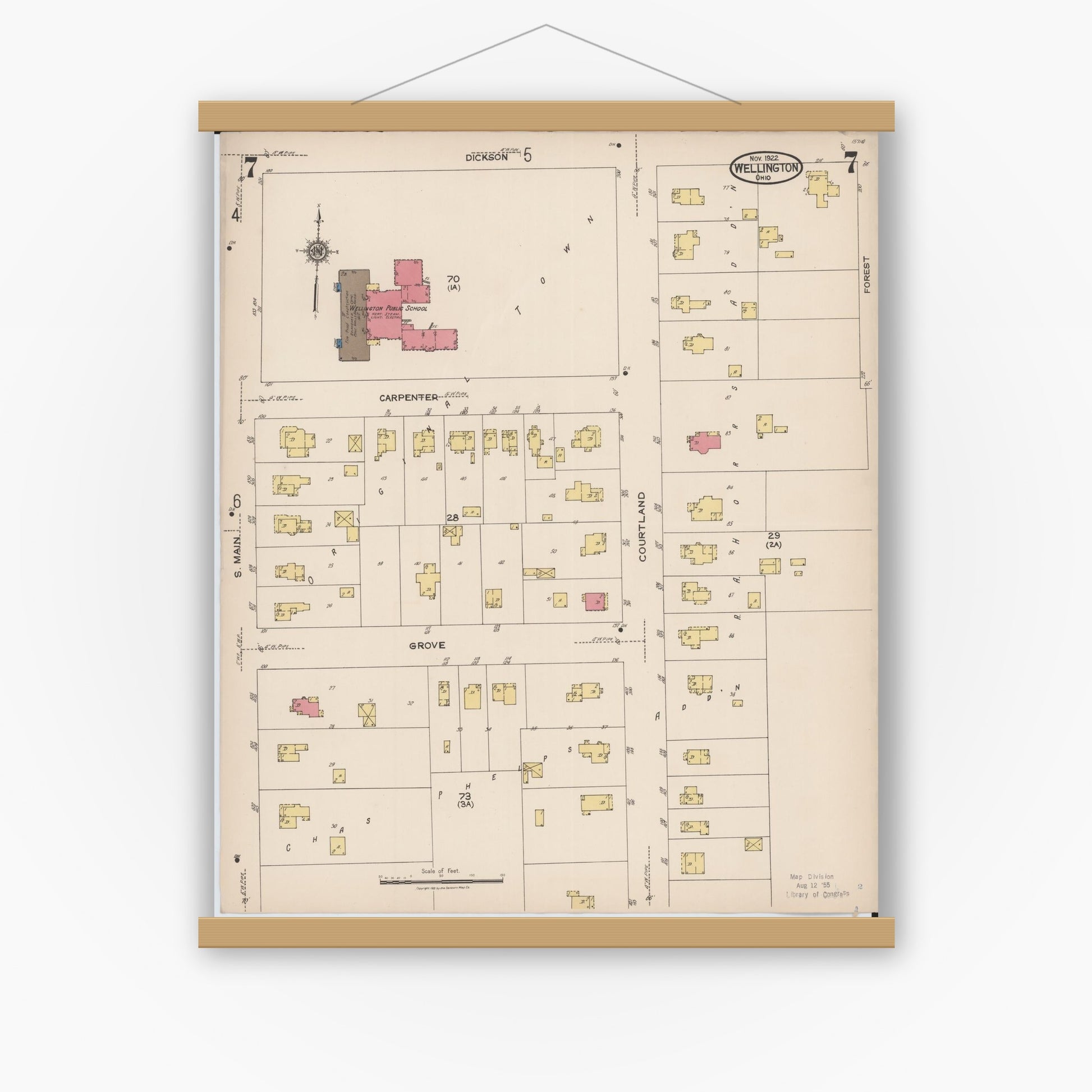Old map wall art mockup — magnetic wood frame on white wall — Sanborn Fire Insurance Map from Wellington, Lorain County, Ohio (1922), Sheet #0007