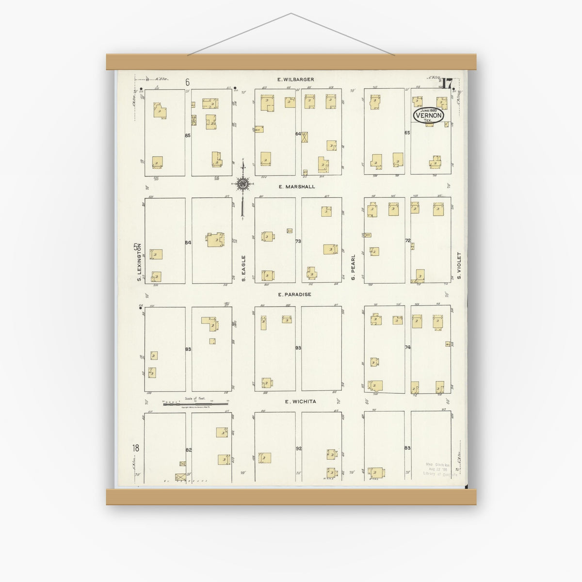 Old map wall art mockup — magnetic wood frame on white wall — Sanborn Fire Insurance Map from Vernon, Wilbarger County, Texas (1920), Sheet #0017
