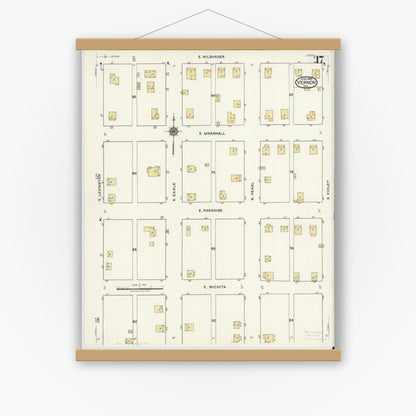 Old map wall art mockup — magnetic wood frame on white wall — Sanborn Fire Insurance Map from Vernon, Wilbarger County, Texas (1920), Sheet #0017