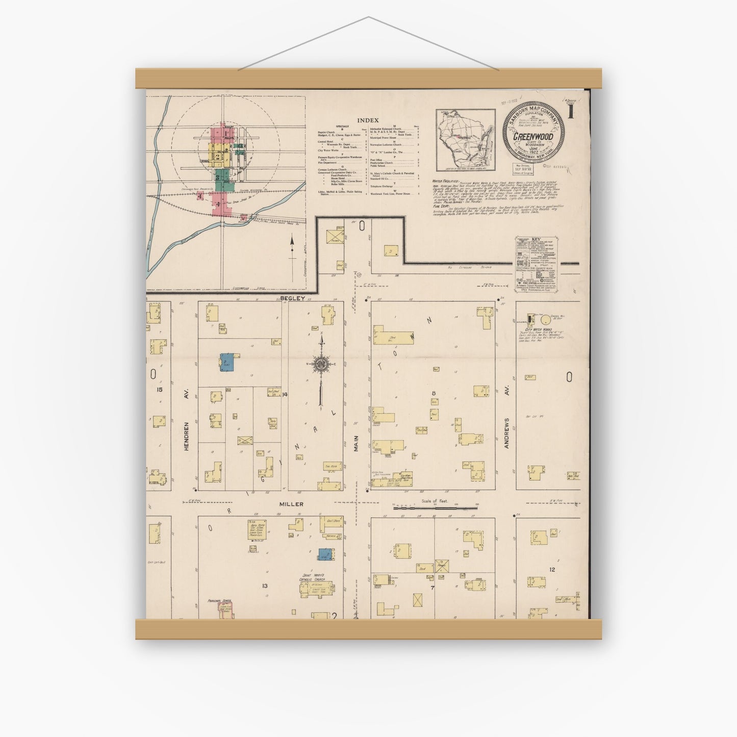 Old map wall art mockup — magnetic wood frame on white wall — Sanborn Fire Insurance Map from Greenwood, Clark County, Wisconsin (1922) - Complete Map Set