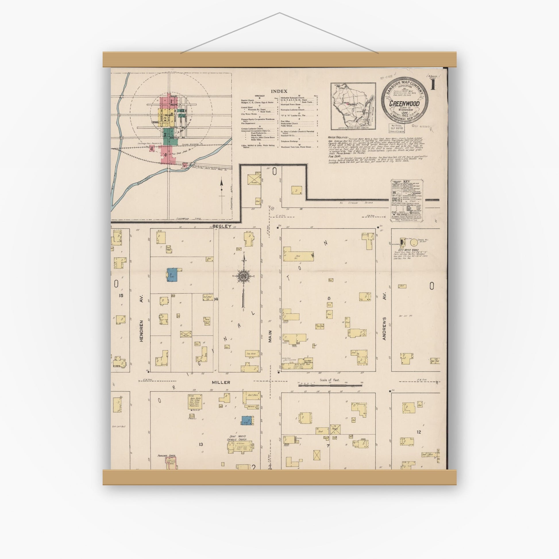 Old map wall art mockup — magnetic wood frame on white wall — Sanborn Fire Insurance Map from Greenwood, Clark County, Wisconsin (1922) - Complete Map Set