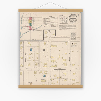Old map wall art mockup — magnetic wood frame on white wall — Sanborn Fire Insurance Map from Greenwood, Clark County, Wisconsin (1922) - Complete Map Set