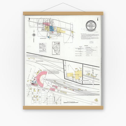 Old map wall art mockup — magnetic wood frame on white wall — Sanborn Fire Insurance Map from Bensenville, Dupage County, Illinois (1926), Sheet #0001