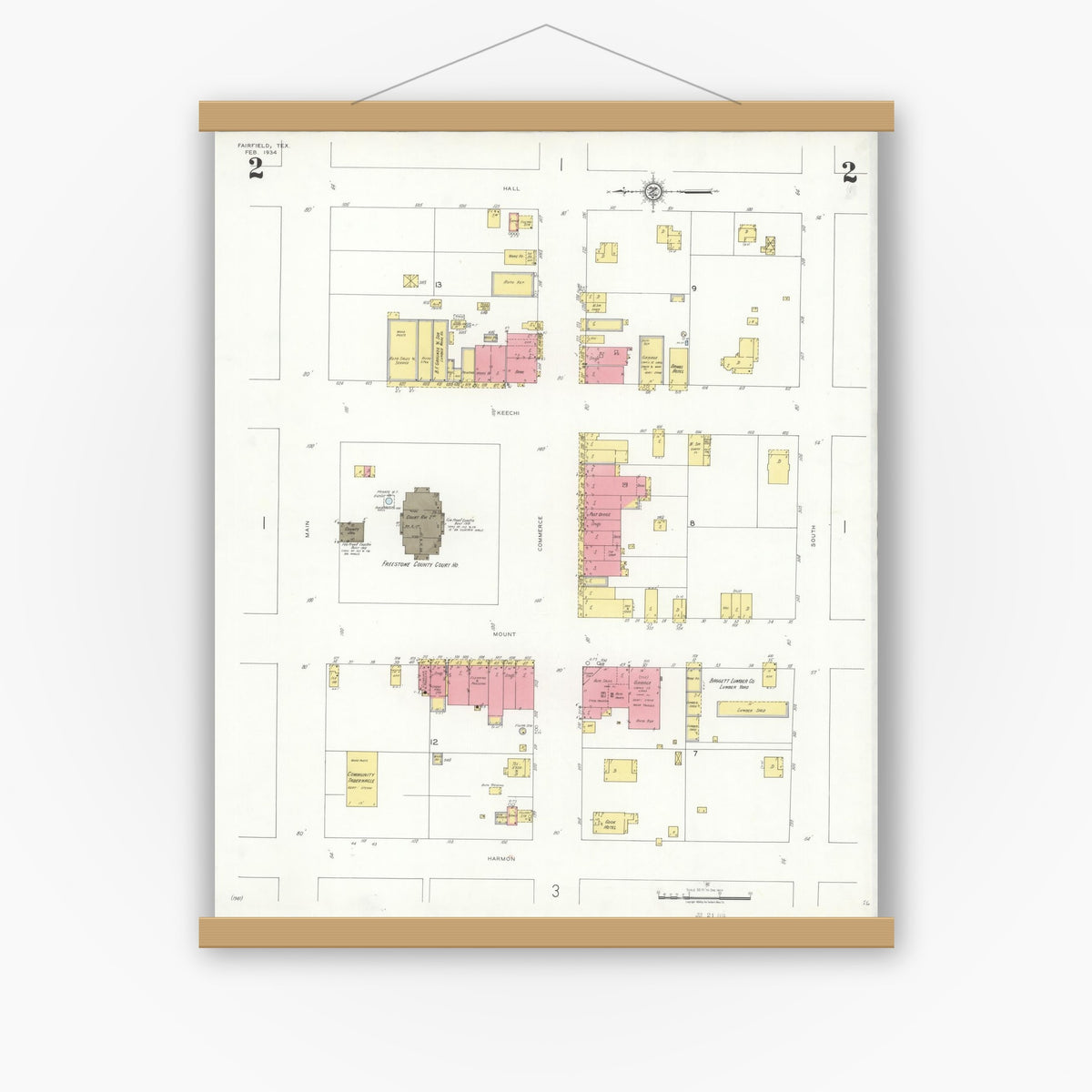 Old map wall art mockup — magnetic wood frame on white wall — Sanborn Fire Insurance Map from Fairfield, Freestone County, Texas (1934), Sheet #0002