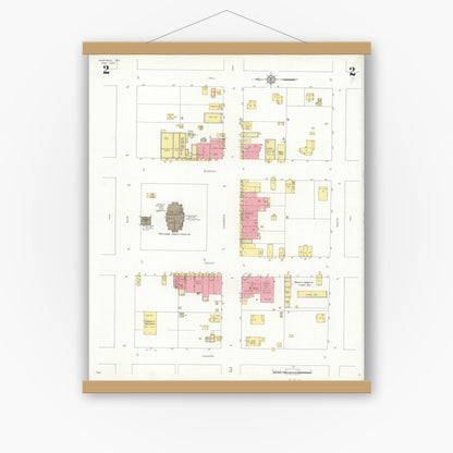 Old map wall art mockup — magnetic wood frame on white wall — Sanborn Fire Insurance Map from Fairfield, Freestone County, Texas (1934), Sheet #0002