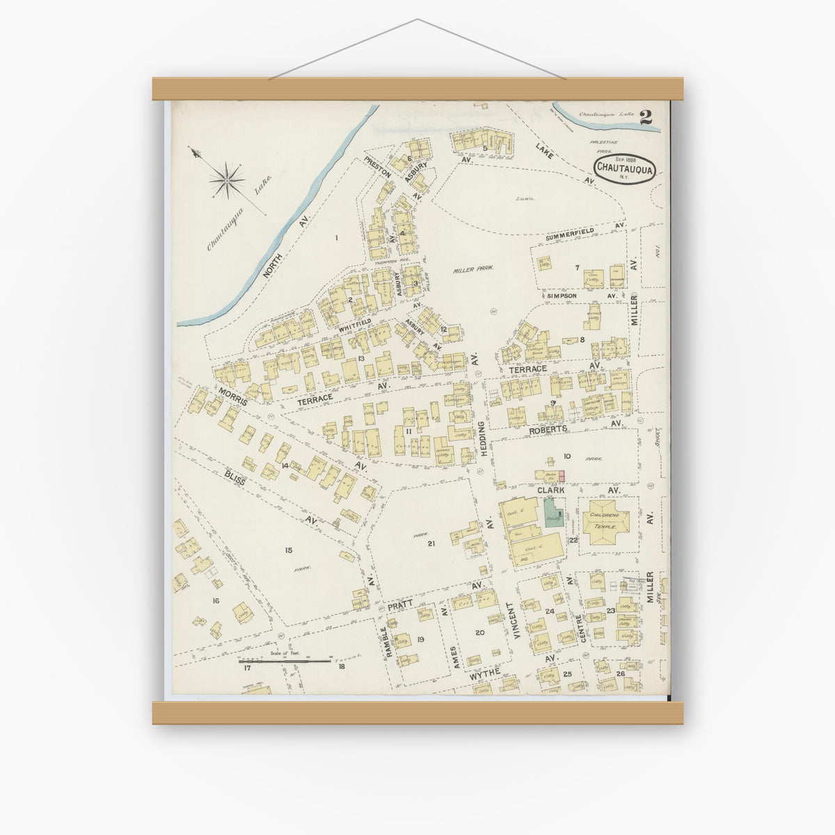 Old map wall art mockup — magnetic wood frame on white wall — Sanborn Fire Insurance Map from Chautauqua, Chautauqua County, New York (1888), Sheet #0002