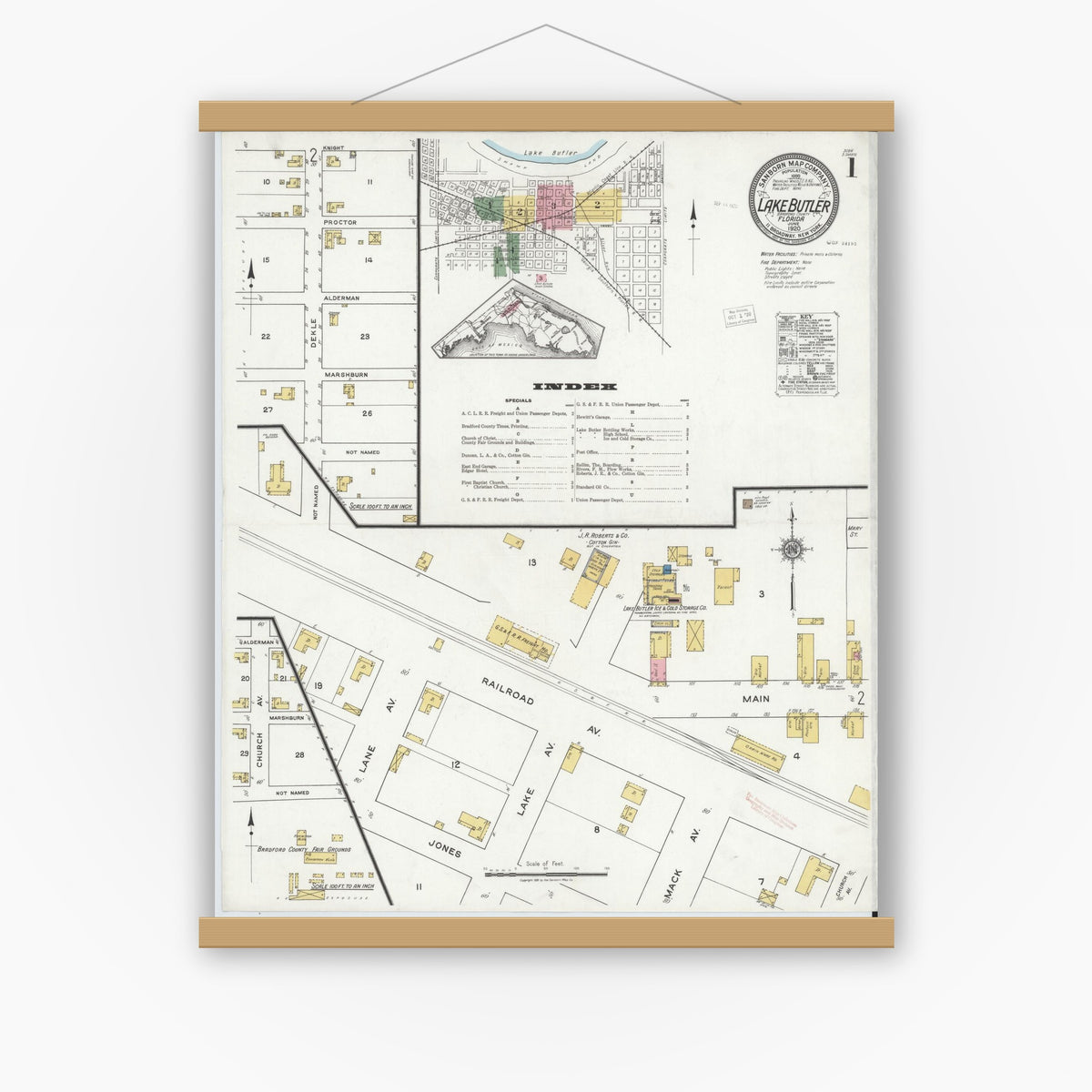 Old map wall art mockup — magnetic wood frame on white wall — Sanborn Fire Insurance Map from Lake Butler, Union County, Florida (1920) - Complete Map Set
