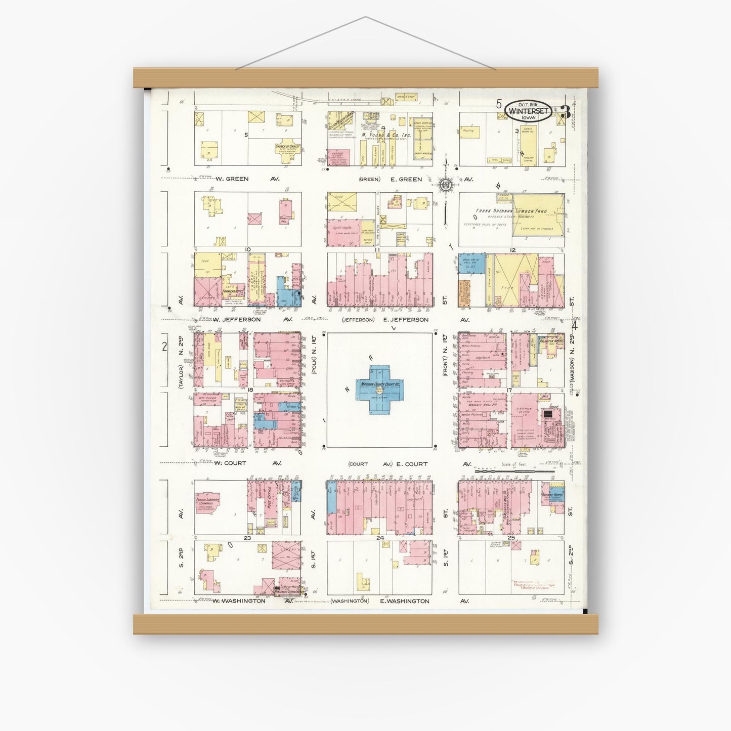 Old map wall art mockup — magnetic wood frame on white wall — Sanborn Fire Insurance Map from Winterset, Madison County, Iowa (1916), Sheet #0003