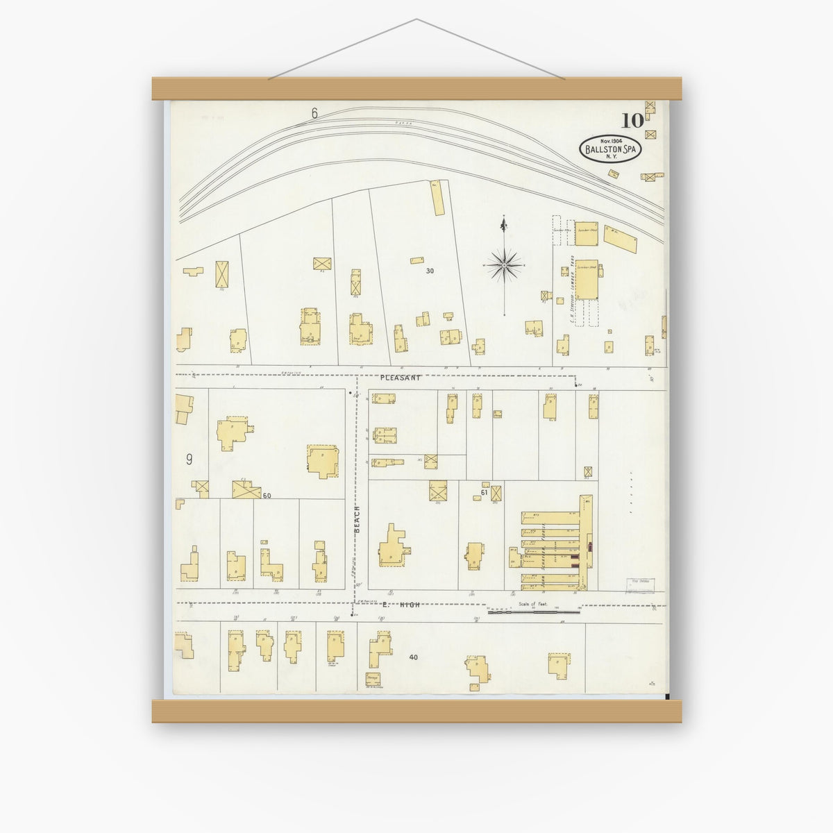Old map wall art mockup — magnetic wood frame on white wall — Sanborn Fire Insurance Map from Ballston Spa, Saratoga County, New York (1904), Sheet #0010