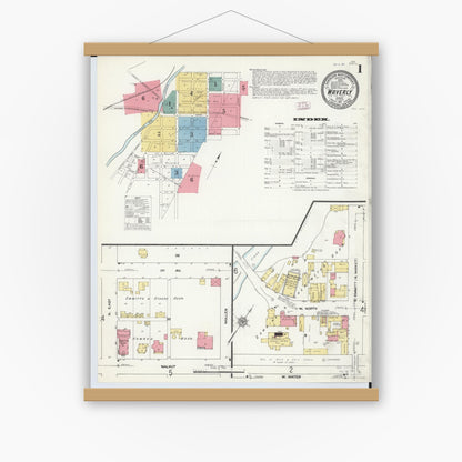 Old map wall art mockup — magnetic wood frame on white wall — Sanborn Fire Insurance Map from Waverly, Pike County, Ohio (1911), Sheet #0001