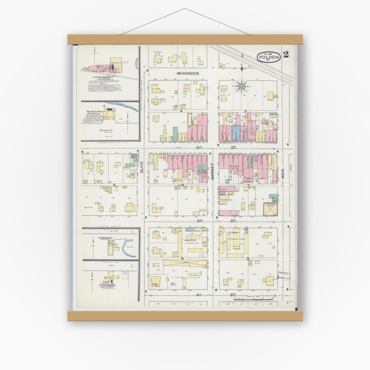 Old map wall art mockup — magnetic wood frame on white wall — Sanborn Fire Insurance Map from Holden, Johnson County, Missouri (1892), Sheet #0002