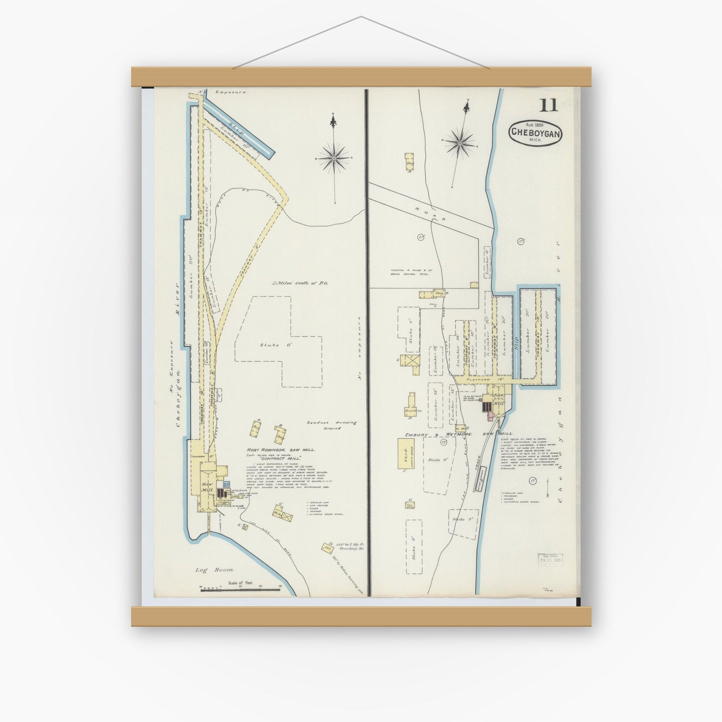 Old map wall art mockup — magnetic wood frame on white wall — Sanborn Fire Insurance Map from Cheboygan, Cheboygan County, Michigan (1890), Sheet #0011