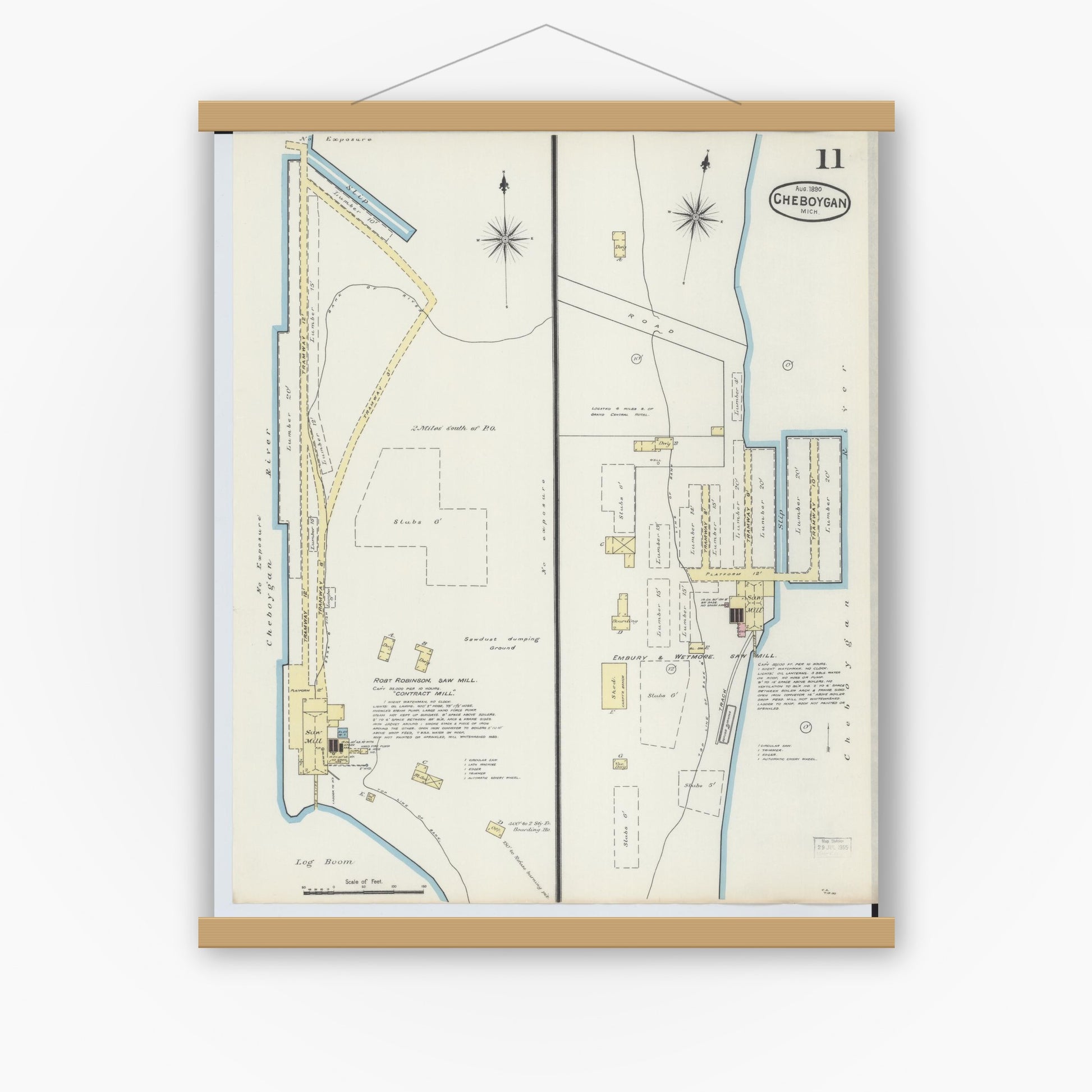 Old map wall art mockup — magnetic wood frame on white wall — Sanborn Fire Insurance Map from Cheboygan, Cheboygan County, Michigan (1890), Sheet #0011
