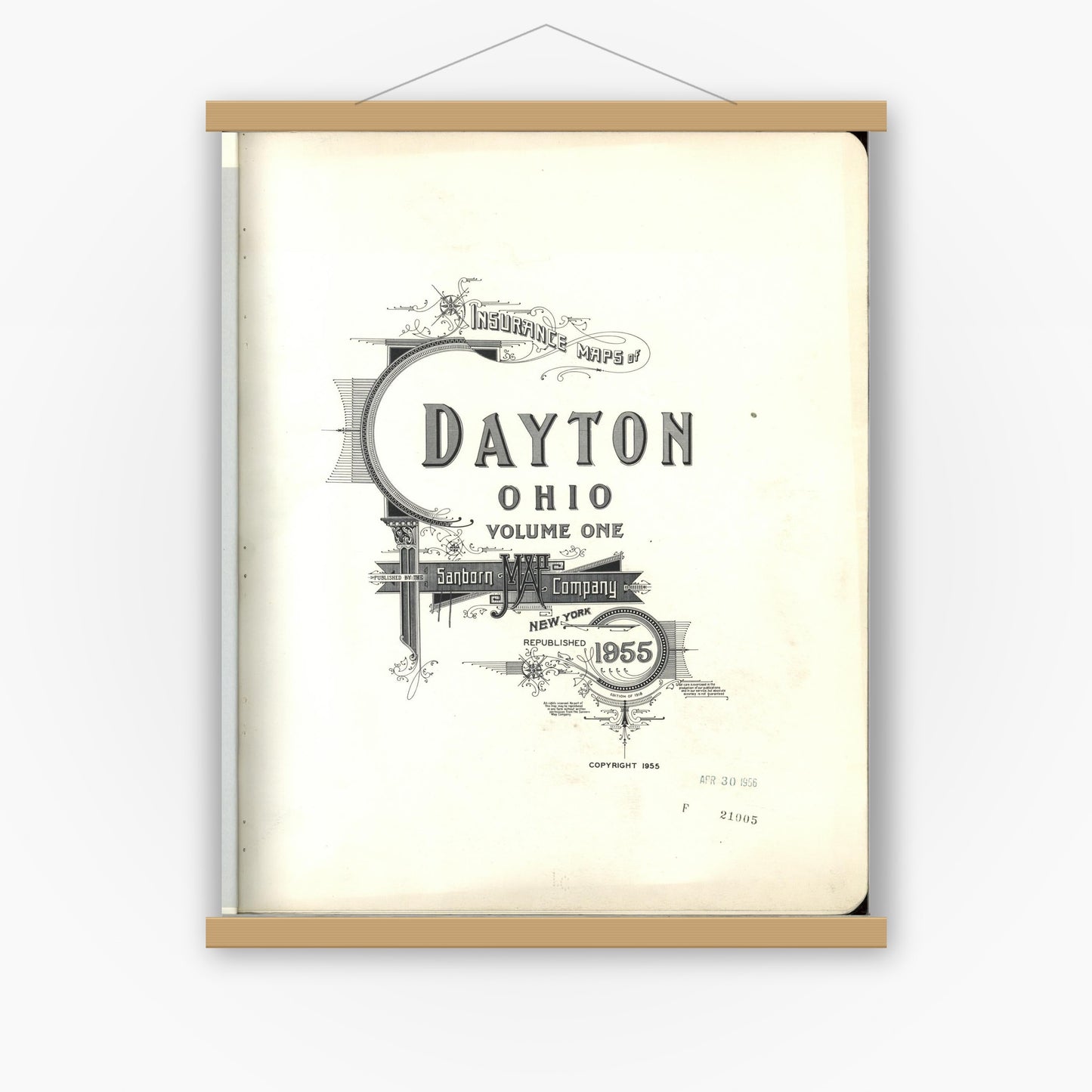 Old map wall art mockup — magnetic wood frame on white wall — Sanborn Fire Insurance Map from Dayton, Montgomery County, Ohio (1955), Sheet #0001