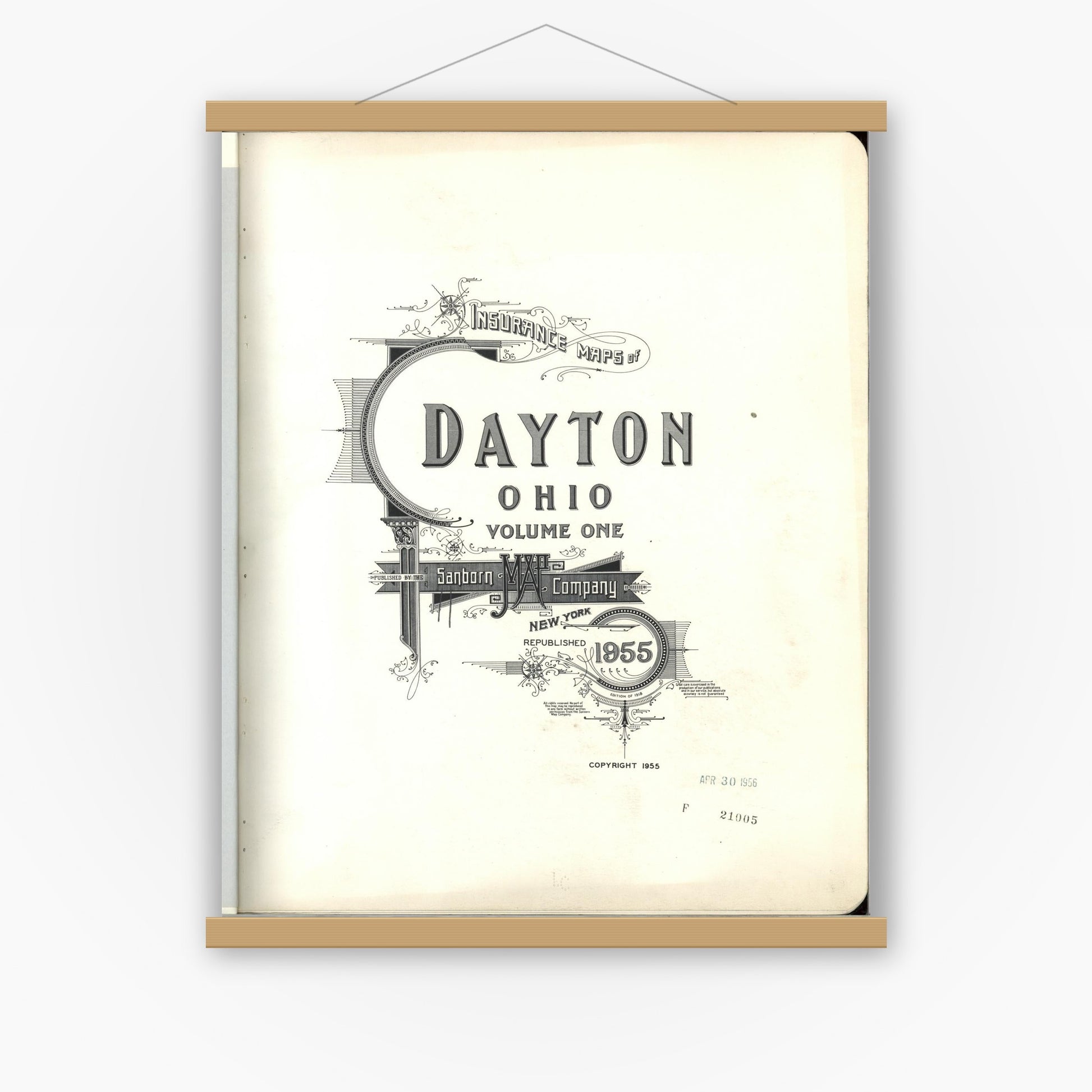 Old map wall art mockup — magnetic wood frame on white wall — Sanborn Fire Insurance Map from Dayton, Montgomery County, Ohio (1955), Sheet #0001